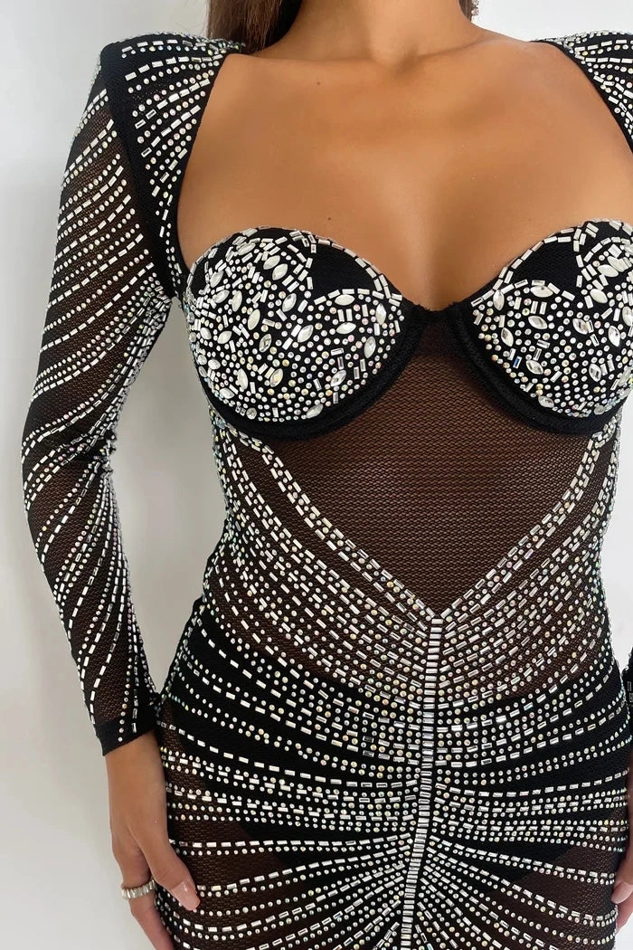 Glitter Mesh See Through Party Maxi Dress For Women Fashion Full Sleeve Bodycon Sexy Club Long Evening Dress Vestido