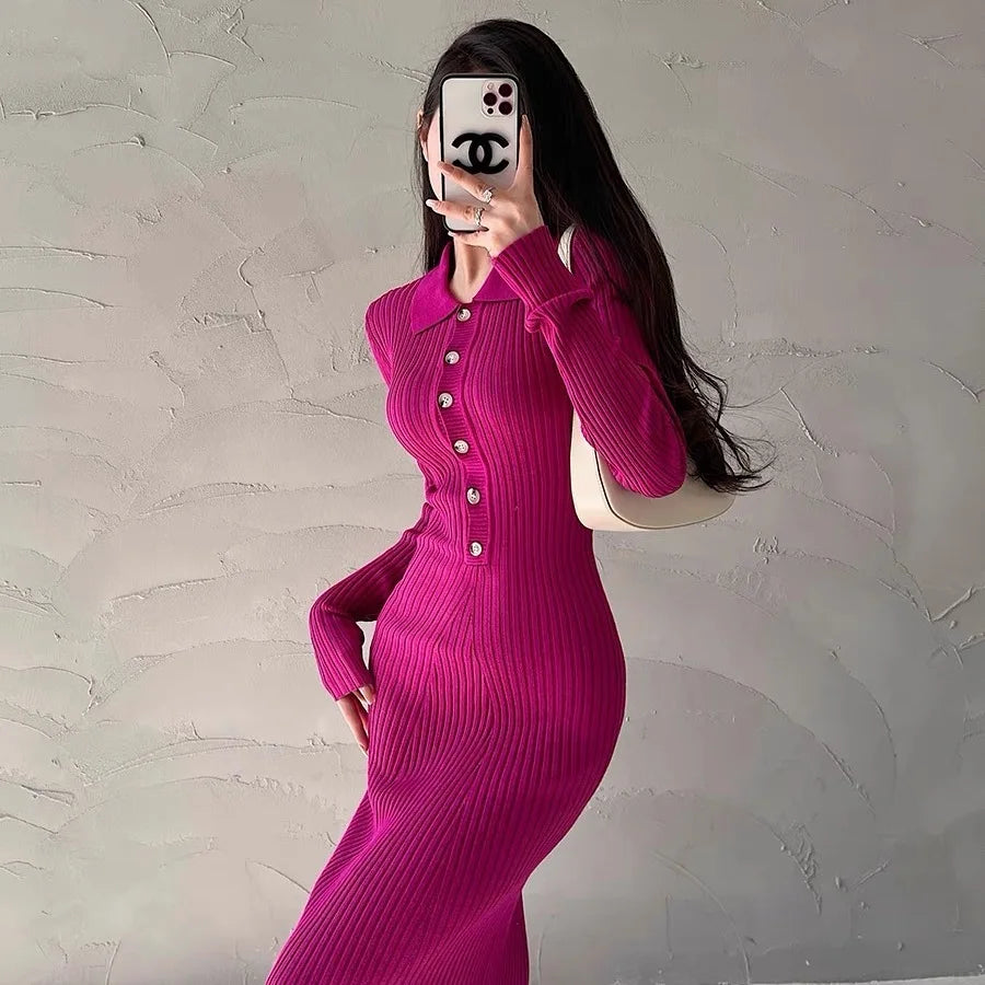 Elegant Party Dresses For Women 2023 Dress Autumn Winter Stretchy Long Sleeved Slim Vintage Basic Knit Dress Y2k