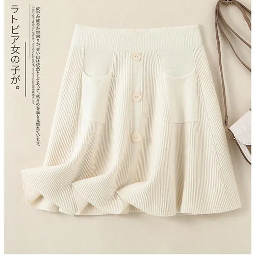 Load image into Gallery viewer, Autumn Winter Solid Slim Single Breasted Knitted Mini Pleated Skirts Women's Elastic High Waist A-line Short Skirt Sexy Club New
