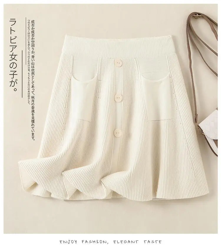 Autumn Winter Solid Slim Single Breasted Knitted Mini Pleated Skirts Women's Elastic High Waist A-line Short Skirt Sexy Club New