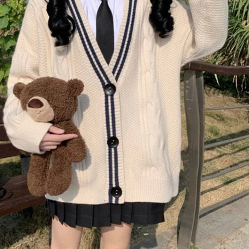 Load image into Gallery viewer, Japanese Preppy Style Cardigans Women Patchwork Fairy Single Breasted Sweaters Loose Contrast Color Knitted Coats Y2k Aesthetic
