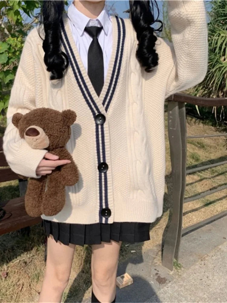 Japanese Preppy Style Cardigans Women Patchwork Fairy Single Breasted Sweaters Loose Contrast Color Knitted Coats Y2k Aesthetic