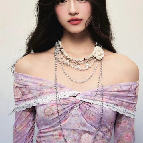 Load image into Gallery viewer, Sexy Lace Patchwork Slash Neck Gauze Tshirts Women Y2k Aesthetic Bottoming Grunge Tops Harajuku Vintage Fairy Print Pleated Tees
