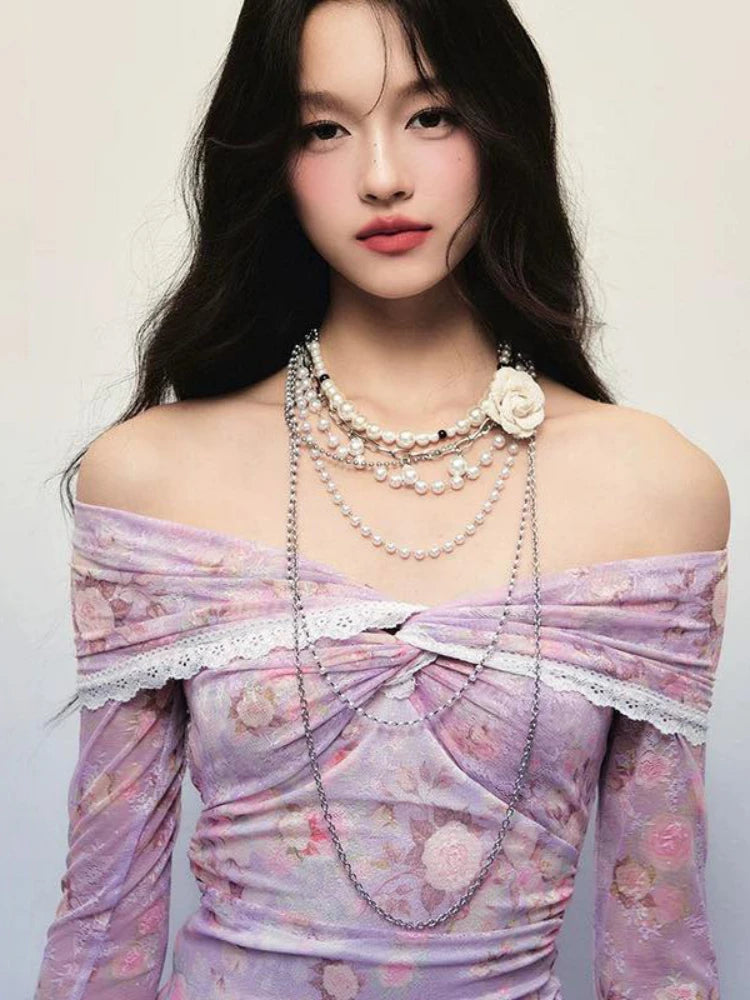 Sexy Lace Patchwork Slash Neck Gauze Tshirts Women Y2k Aesthetic Bottoming Grunge Tops Harajuku Vintage Fairy Print Pleated Tees