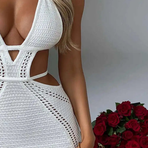 Load image into Gallery viewer, Hollow Out Halter Sexy Mini Dress Women Summer New Sleeveless Backless Skinny Club Party Knit Tank Dress Vestido
