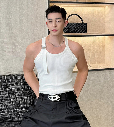 Personalized Tank Top Adjustable Buckle Menwear Solid Color Fashion Summer Tight Fitting Vest Male Clothing 9C5308