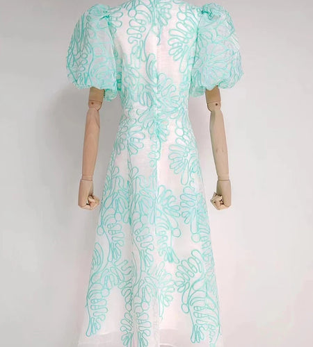 Elegant Colorblock Long Dress For Female V Neck Short Puff Sleeve High Waist A Line Midi Dresses Woman 2022 Summer Clothing