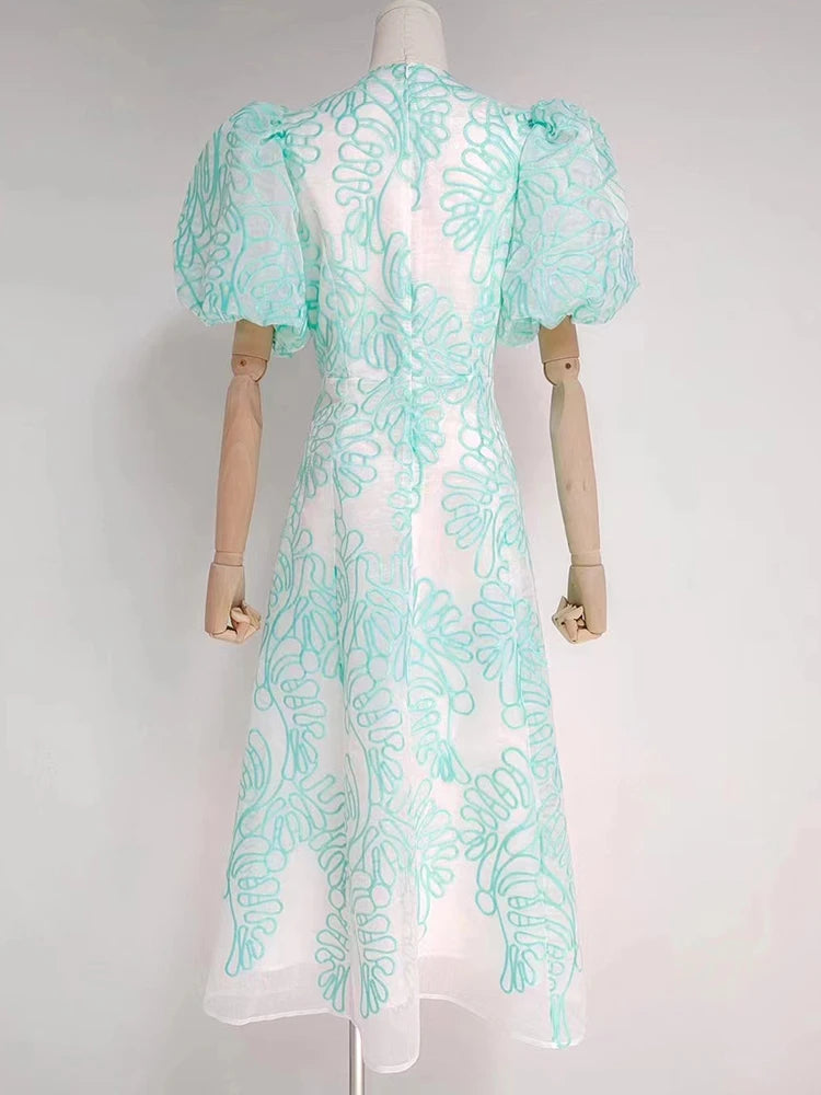 Elegant Colorblock Long Dress For Female V Neck Short Puff Sleeve High Waist A Line Midi Dresses Woman 2022 Summer Clothing