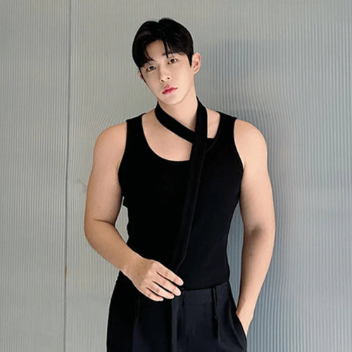 Load image into Gallery viewer, Niche Men&#39;s Casual Tank Tops Slim Sleeveless O-neck Solid Color Male Top New Chic Summer Neck Ribbon Design 9C6196
