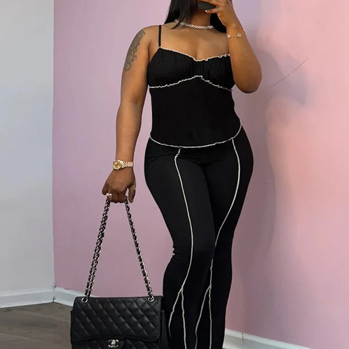 Load image into Gallery viewer, Simple Patchwork Stripe Women 2Piece Set Casual Ruched Edging Camisole+Flare Pants Matching Street Stretch Casual Outfits
