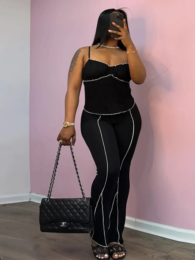 Simple Patchwork Stripe Women 2Piece Set Casual Ruched Edging Camisole+Flare Pants Matching Street Stretch Casual Outfits