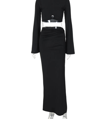 Women Fashion 2 Pcs Sets Long Sleeve Hole Backless Sexy Crop Top Slit Maxi Skirt Autumn New Y2K Outfits Party Vacation