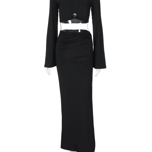 Load image into Gallery viewer, Women Fashion 2 Pcs Sets Long Sleeve Hole Backless Sexy Crop Top Slit Maxi Skirt Autumn New Y2K Outfits Party Vacation
