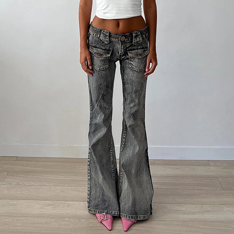 Streetwear Chic Low Waist Jeans for Women Denim Cargo Style Distressed Vintage Flared Trousers Slim Elegant Pants New