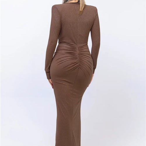 Load image into Gallery viewer, Glitter Deep V Neck Sexy Maxi Dress For Women Elegant Sparkle Long Sleeve Ruched Bodycon Split Club Party Sexy Dress

