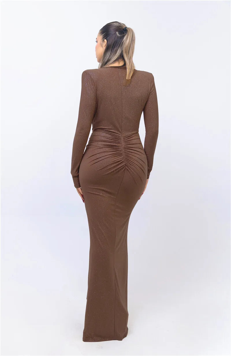 Glitter Deep V Neck Sexy Maxi Dress For Women Elegant Sparkle Long Sleeve Ruched Bodycon Split Club Party Sexy Dress