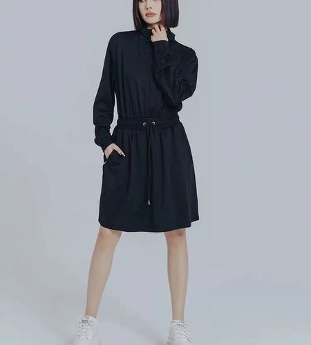 Women Black Brief Drawstring Casual Knee-Length Dress New Lapel Long Sleeve Loose Fit Fashion Spring Autumn 2025 1DF0706