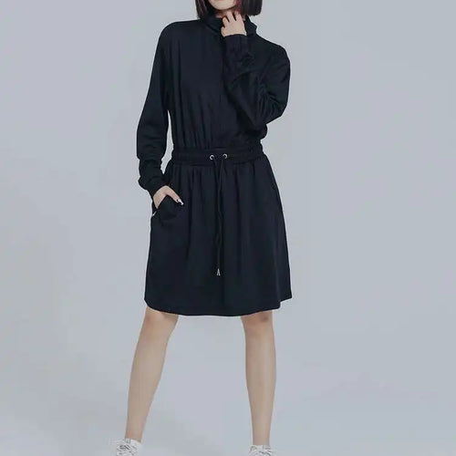 Load image into Gallery viewer, Women Black Brief Drawstring Casual Knee-Length Dress New Lapel Long Sleeve Loose Fit Fashion Spring Autumn 2025 1DF0706
