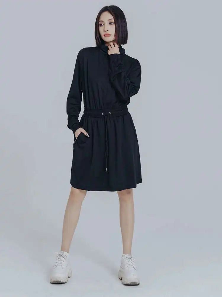 Women Black Brief Drawstring Casual Knee-Length Dress New Lapel Long Sleeve Loose Fit Fashion Spring Autumn 2025 1DF0706