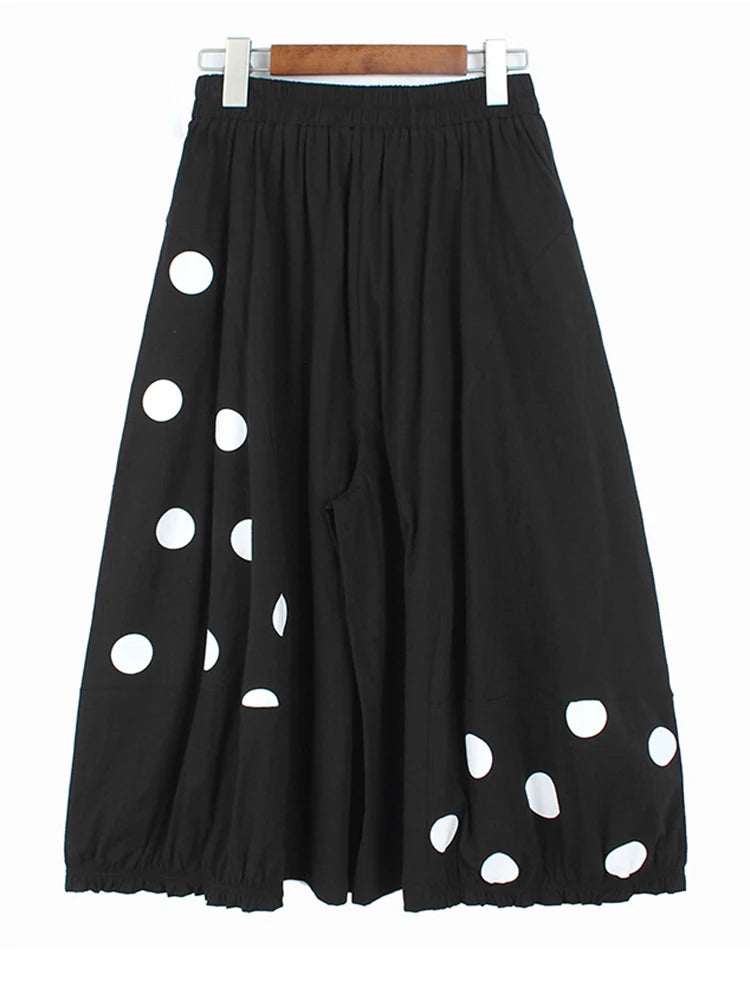 High Elastic Waist Black Dot Printed Irregular Long Wide Leg Pants New Trousers Women Fashion Spring Autumn 2025 1DH9642