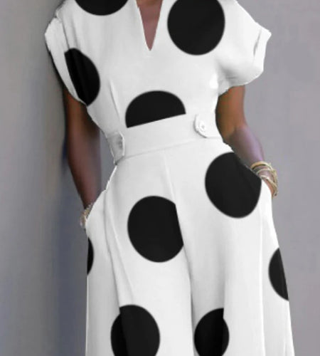 Summer Autumn Women's Retro Polka-dot Romper Short Sleeves One Pieces Wide Leg Long Pants Elegant Jumpsuits for Women