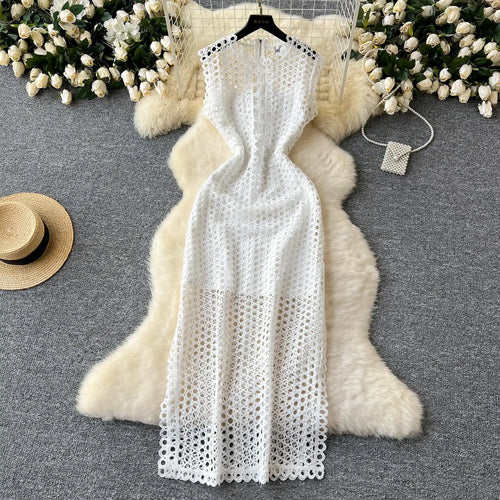 Load image into Gallery viewer, French Women Black Hollow Out Sleeveless Zipper Long Dress White Elegant Round Neck Slim Evening Party Dress Summer Street Trend
