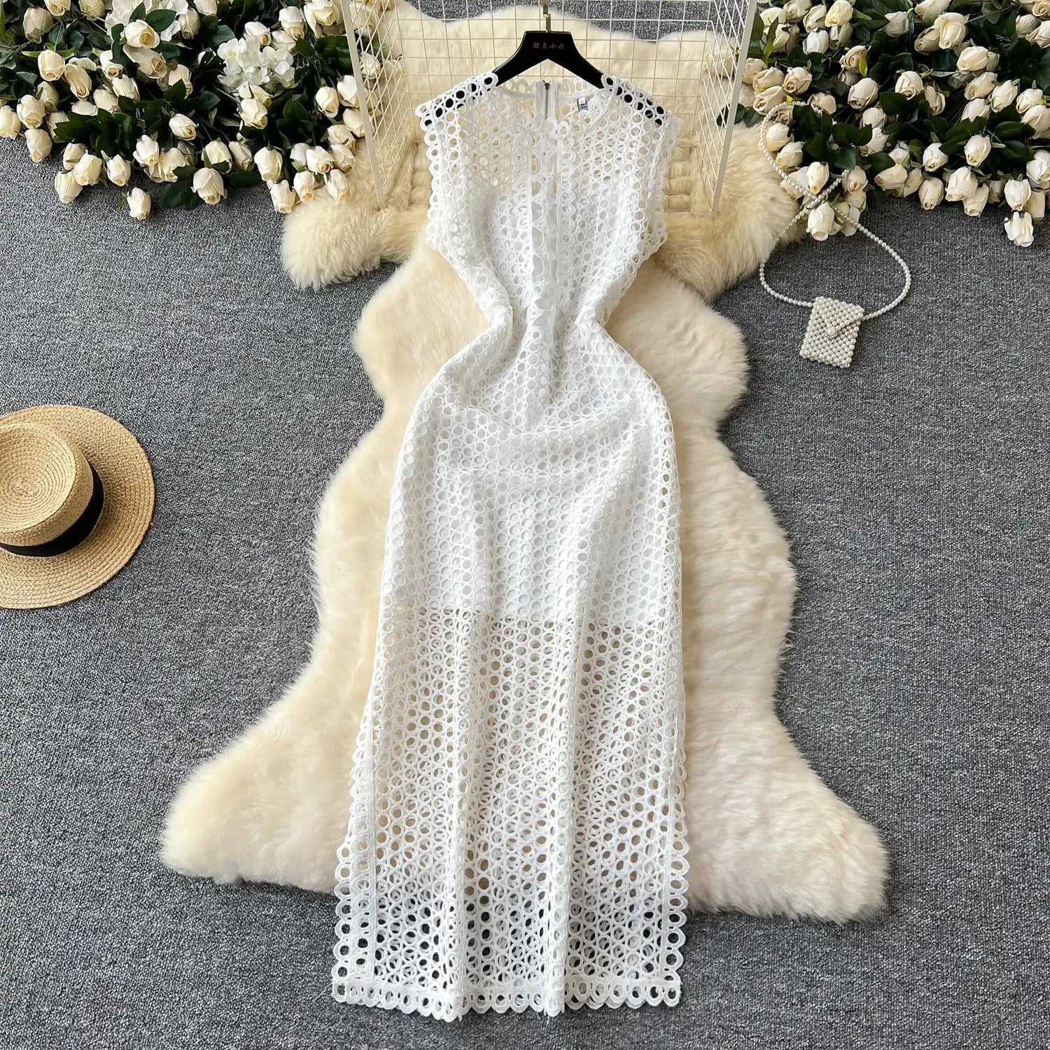 French Women Black Hollow Out Sleeveless Zipper Long Dress White Elegant Round Neck Slim Evening Party Dress Summer Street Trend