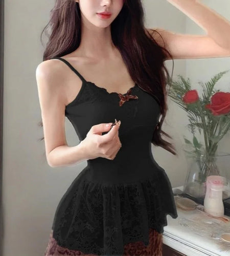 y2k Coquette Tops Women Summer Lace Patchwork Spaghetti Strap Sleeveless Ruffle Hem Camisole with Bow 2000s Streetwear