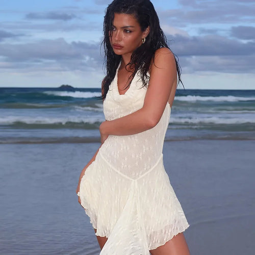 Load image into Gallery viewer, See Through Lace Halter Sexy Mini Dress Women Robe Halter Deep V Neck Backless Draped Ruffled Club Party Beach Dress
