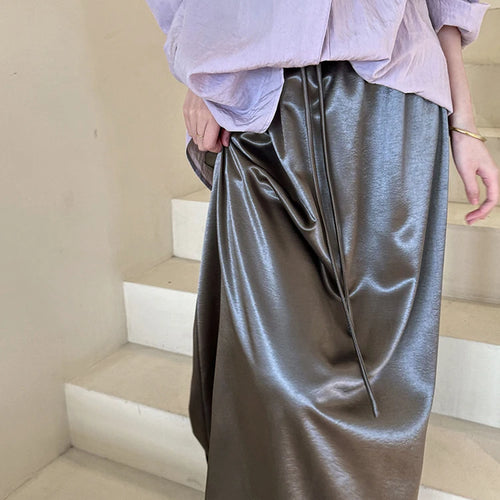 Load image into Gallery viewer, High Elastic Waist Black Satin Drawstring Elegant Half-body Skirt Women Fashion Tide New Spring Autumn 2025 1DJ0193
