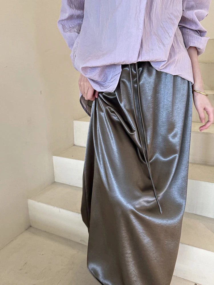 High Elastic Waist Black Satin Drawstring Elegant Half-body Skirt Women Fashion Tide New Spring Autumn 2025 1DJ0193