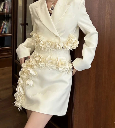 Spliced Appliques Alimming Two Piece Set For Women Lapel Long Sleeve Coat High Waist Temperament Skirt Sets Female