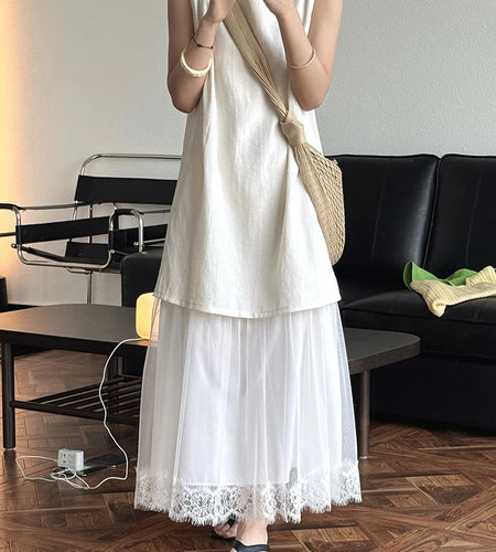 Women Beige Mesh Lace Spliced Elegant Long Vest Dress New Round Neck Sleeveless Fashion Tide Spring Summer 2025 1DJ1216