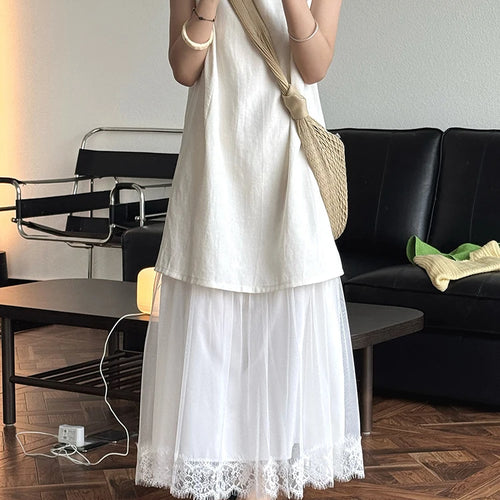 Load image into Gallery viewer, Women Beige Mesh Lace Spliced Elegant Long Vest Dress New Round Neck Sleeveless Fashion Tide Spring Summer 2025 1DJ1216
