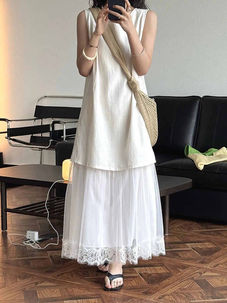 Women Beige Mesh Lace Spliced Elegant Long Vest Dress New Round Neck Sleeveless Fashion Tide Spring Summer 2025 1DJ1216