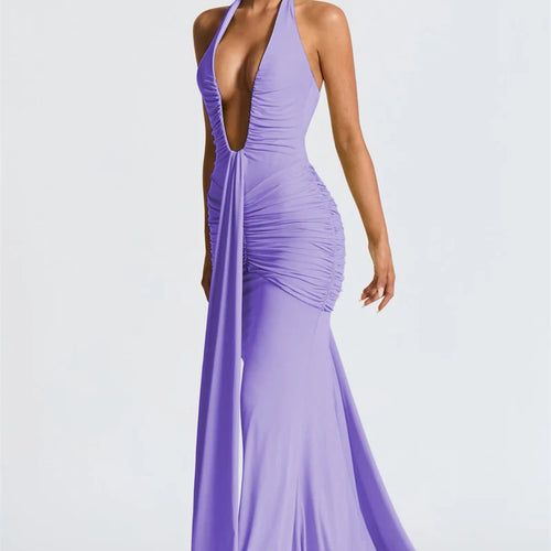 Load image into Gallery viewer, Deep V Neck Backless Ruched Sexy Maxi Dress Women Gown Summer Halter Sleeveless Draped Club Party Long Dress 2025
