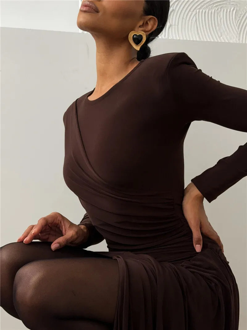 Long Sleeve Draped Ruched Sexy Maxi Dress For Women Gown Fashion Solid O Neck Bodycon Club Elegant Mini Dress Vestido