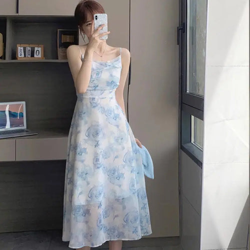 Load image into Gallery viewer, Summer Blue Flower Sleeveless Elegant Pleated Slip Long Dresses Fashion Women Vintage High Waist Backless Vacation Sundress Boho
