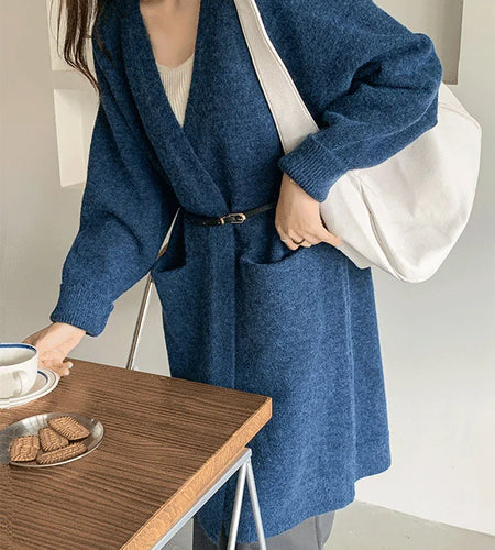 Women Solid Color Loose Thick Warm Sweater Cardigan Pocket Ladies Spring Autumn V Neck Knitted Coat Female Casual Tops C-124
