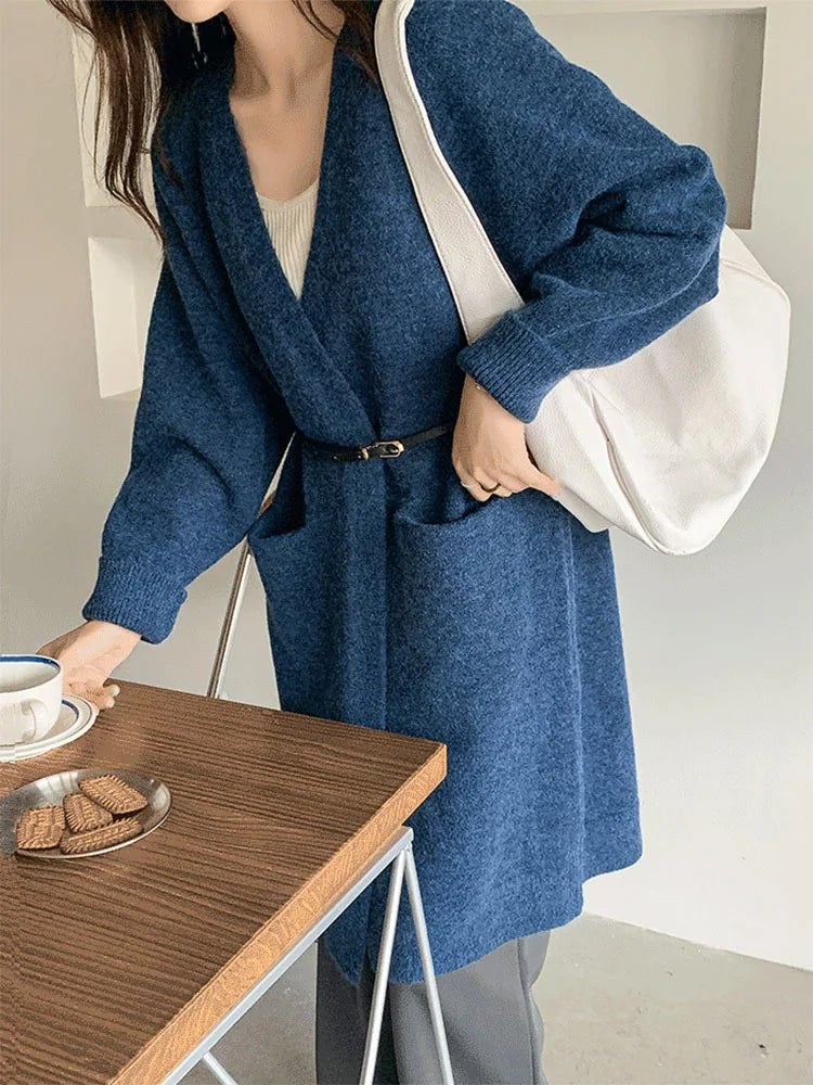 Women Solid Color Loose Thick Warm Sweater Cardigan Pocket Ladies Spring Autumn V Neck Knitted Coat Female Casual Tops C-124