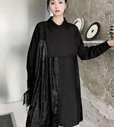 Women Black Velvet Big Size Pleated Mini Shirt Dress New Lapel Long Sleeve Fashion Tide Spring Autumn 2025 1DH5157
