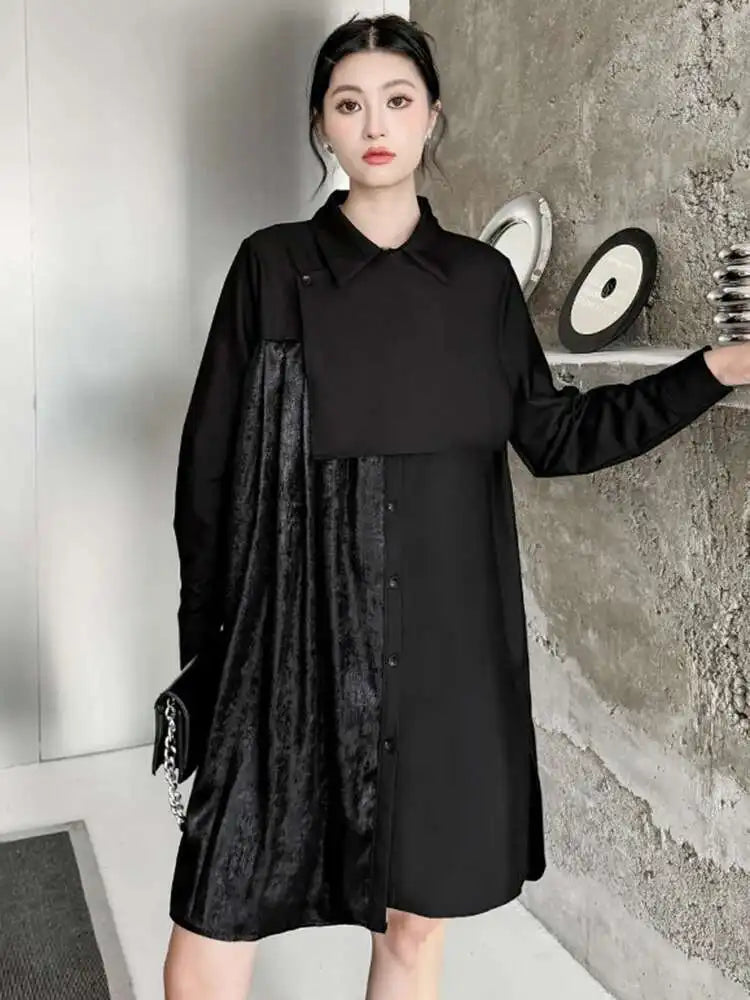 Women Black Velvet Big Size Pleated Mini Shirt Dress New Lapel Long Sleeve Fashion Tide Spring Autumn 2025 1DH5157