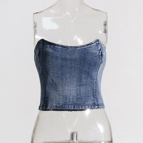 Load image into Gallery viewer, Solid Minimalist Denim Tank Tops For Women Strapless Sleeveless Off Shoulder Spliced Zipper Sexy Vests Female Fashion New
