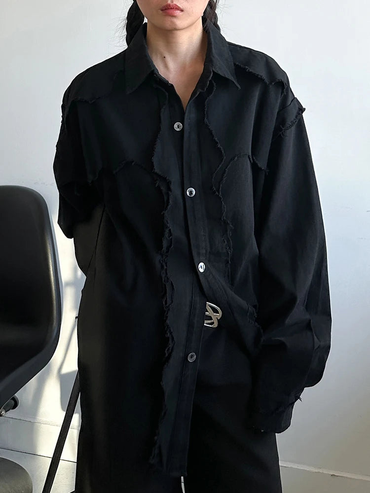 Women Black Burr Irregular Spliced Big Size Blouse New Lapel Long Sleeve Shirt Fashion Tide Spring Autumn 2025 1DH9561