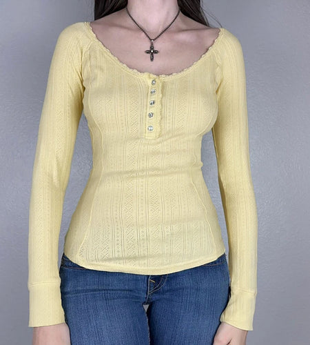 Coquette Yellow Bright Slim Jacquard Women Top Tee Slim Cutecore Lace Trim Buttons Autumn T shirt Clothing Knit Shirt