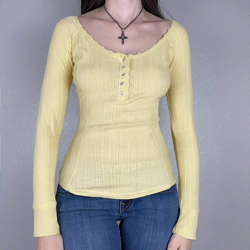 Coquette Yellow Bright Slim Jacquard Women Top Tee Slim Cutecore Lace Trim Buttons Autumn T shirt Clothing Knit Shirt