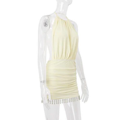 Load image into Gallery viewer, Backless Tassel Sexy Mini Dress Women Summer New Hollow Out Halter Sleeveless High Waist Ruched Skinny Club Dress
