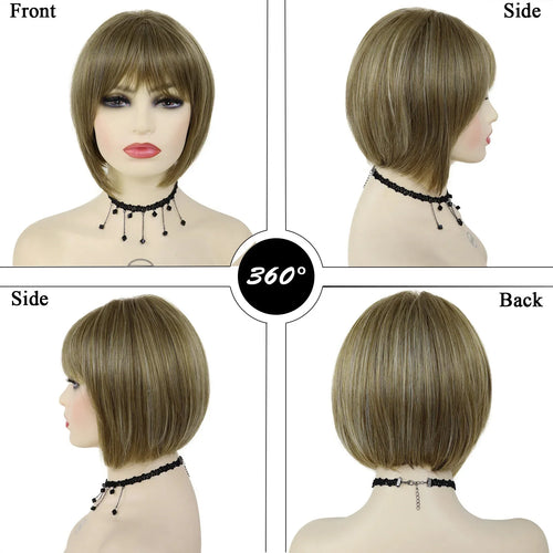 Load image into Gallery viewer, Brown Bob Wig with Bangs Synthetic Hair Short Wig for White Women Mix Brown Heat Resistant Straight Haircut Natural Mommy Wig
