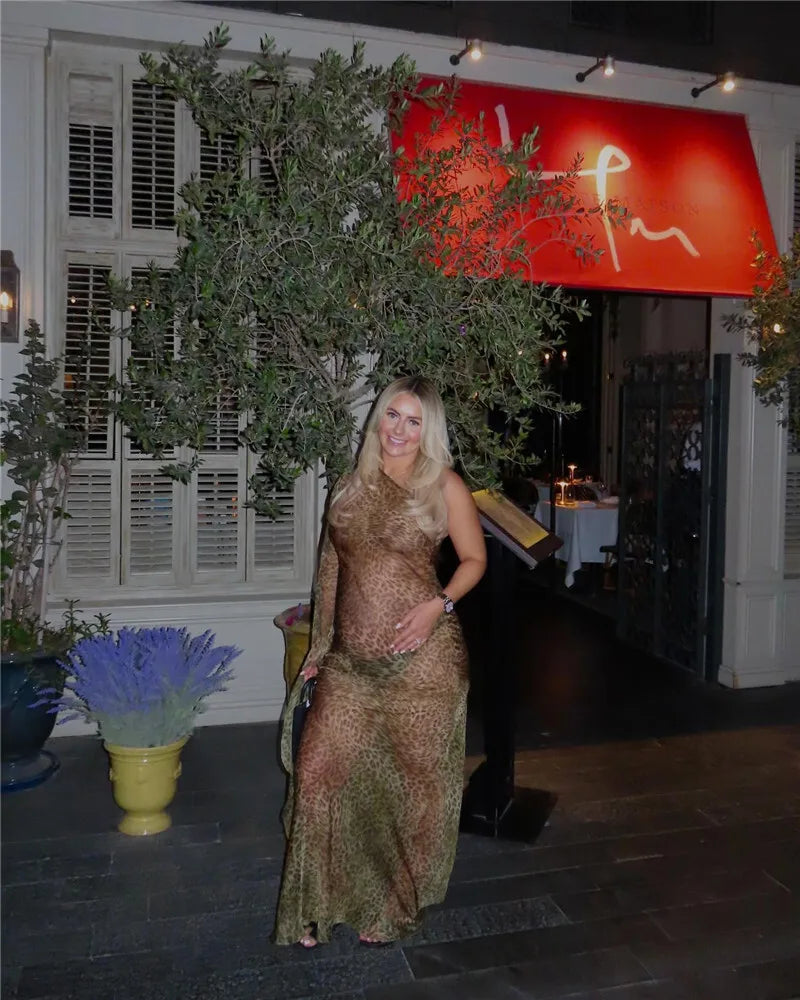 One Shoulder Leopard Print Maxi Dress Women Inclined Shoulder Backless Beach Holiday Vacation Club Sexy Long Dress