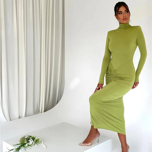 Load image into Gallery viewer, Elegant Turtleneck Long Sleeve Bodycon Maxi Dress Women Autumn Winter New Ruched Club Party Sexy Dress Vestidos
